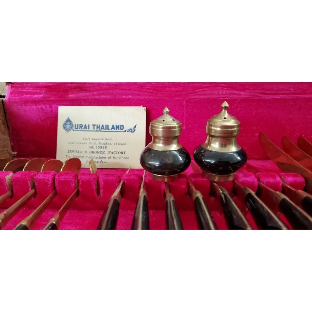Vintage Urai Thailand Bronze Rosewood Flatware Set Siam MCM 100+ Pieces Boxed